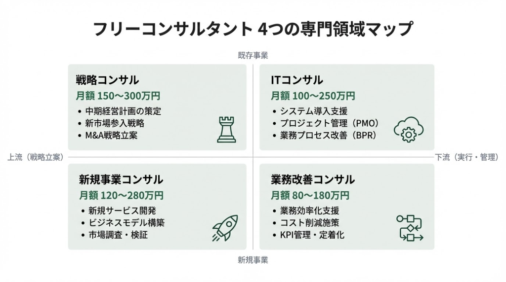 フリーコンサルタントの種類（戦略・IT・新規事業・PMO）