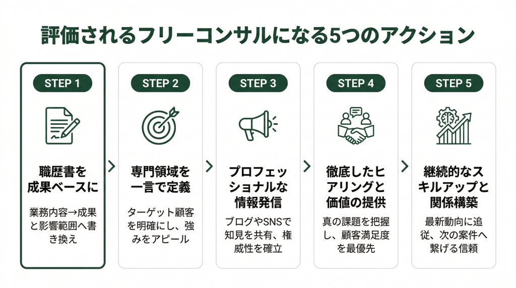 評価されるフリーコンサルになるための5つのアクションを示すステップフロー図。職歴書を成果ベースに書き直す、専門領域を一言で定義する、情報発信で権威性を確立、ヒアリングと価値提供、継続的なスキルアップの順に実践する