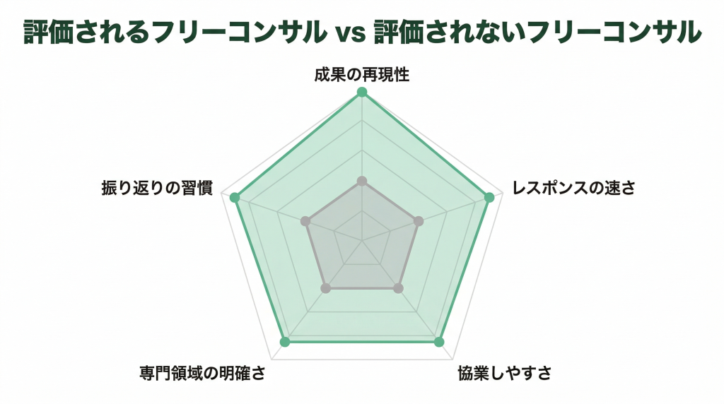 評価されるフリーコンサルと評価されないフリーコンサルの5つの評価軸を比較したレーダーチャート。成果の再現性・レスポンスの速さ・協業しやすさ・専門領域の明確さ・振り返りの習慣の各項目で、評価される人が大きく上回っている