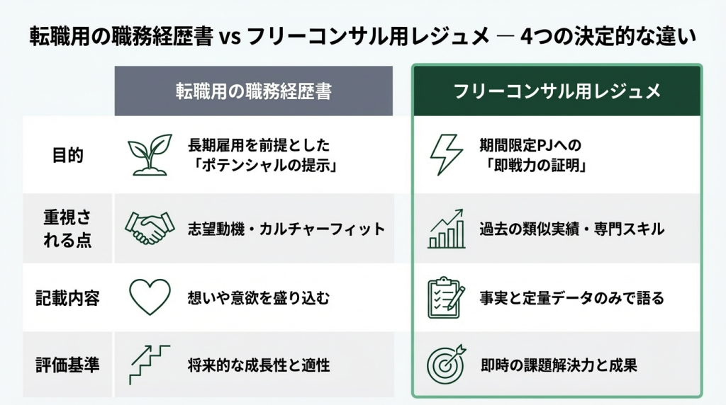 転職用の職務経歴書とフリーコンサル用レジュメの違いを目的・重視される点・記載内容・評価基準の4項目で比較した図解