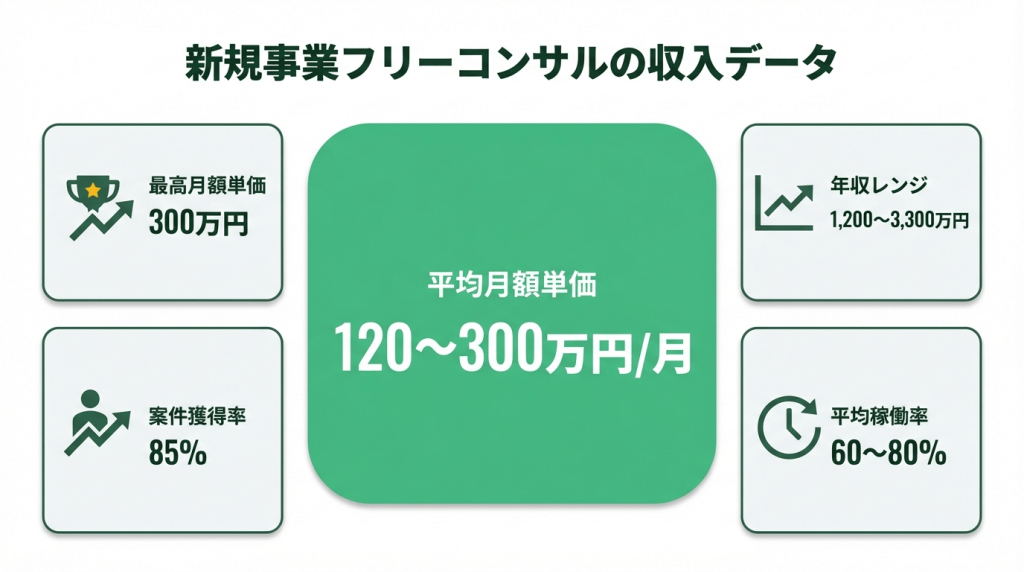 新規事業フリーコンサルの年収シミュレーション図。NewAce平均月額120〜300万円、最高300万円、年収1,200〜3,300万円、継続率85%。正社員コンサル平均948万円との比較バー付き