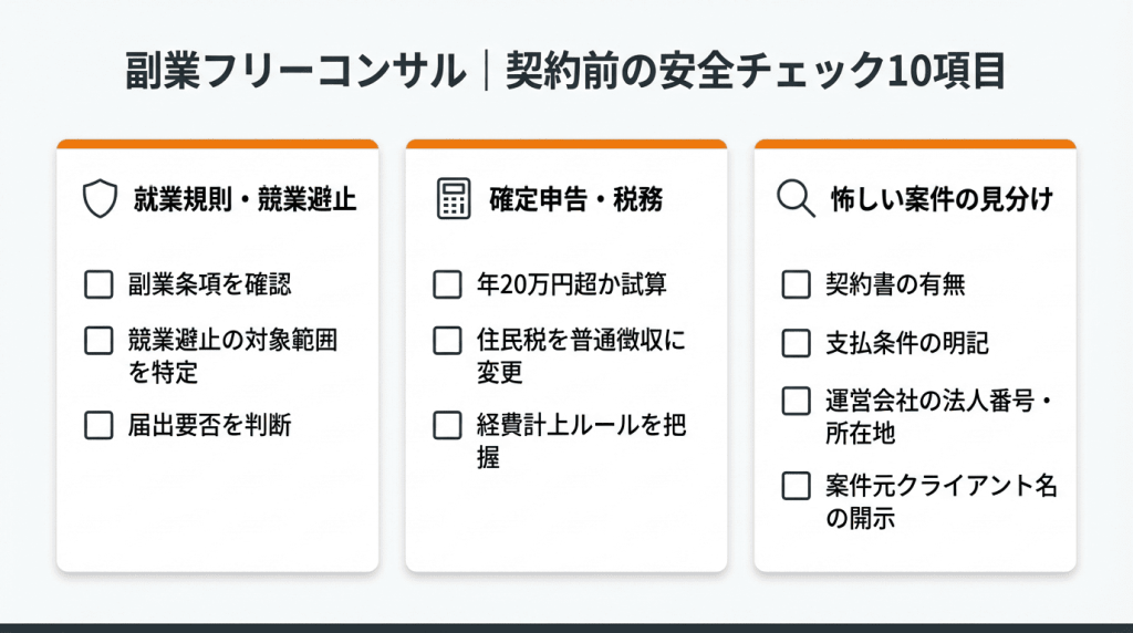 副業フリーコンサルが契約前に確認すべき安全チェック10項目の図解。就業規則・競業避止（副業条項確認・対象範囲特定・届出要否）、確定申告・税務（年20万円超試算・住民税普通徴収・経費計上ルール）、怪しい案件の見分け（契約書有無・支払条件・運営会社法人番号・クライアント名開示）の3カテゴリをチェックリスト形式で整理