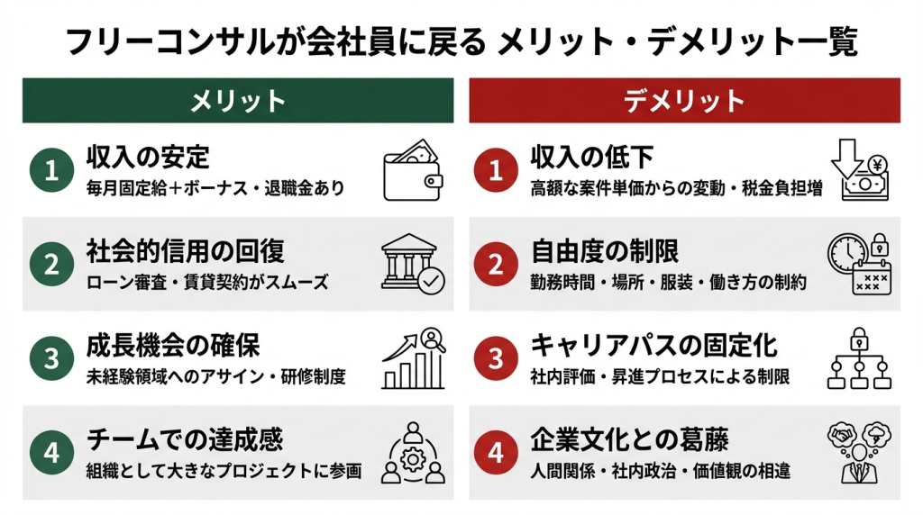 フリーコンサルが会社員に戻るメリット・デメリット比較