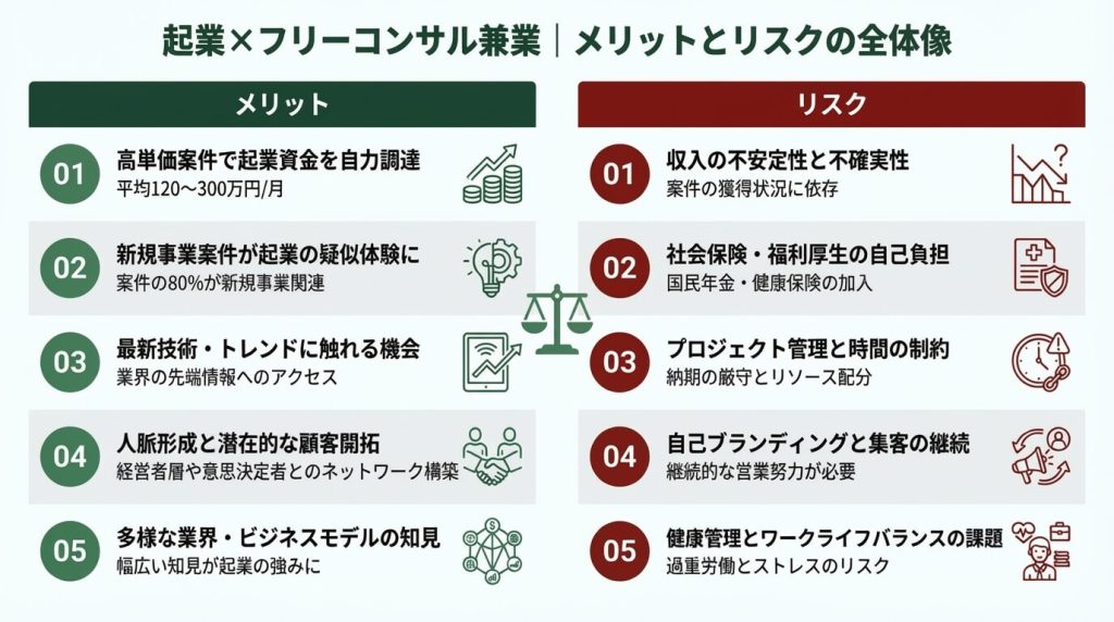 起業しながらフリーコンサルを兼業するメリット5つ（資金調達・疑似体験・人脈・キャリア保険・時間の自由）とリスク3つ（両立破綻・信頼毀損・税務リスク）を比較した図解