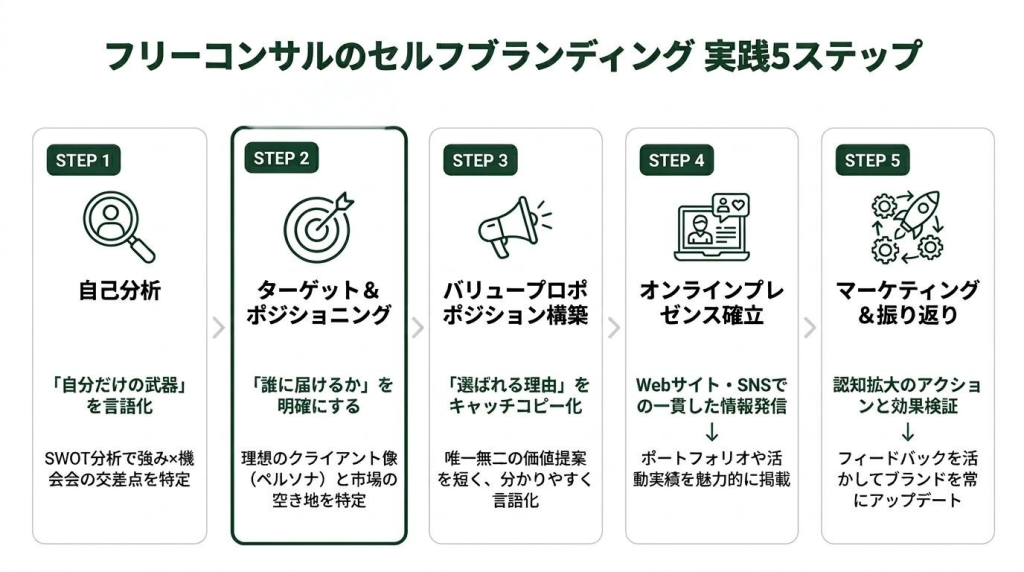 フリーコンサルのセルフブランディング実践5ステップを示すフロー図。STEP1の自己分析からSTEP2のターゲット＆ポジショニング、STEP3のバリュープロポジション構築、STEP4のオンラインプレゼンス確立、STEP5のマーケティング＆振り返りまでを矢印で接続し、各ステップの具体的なアクションを記載。