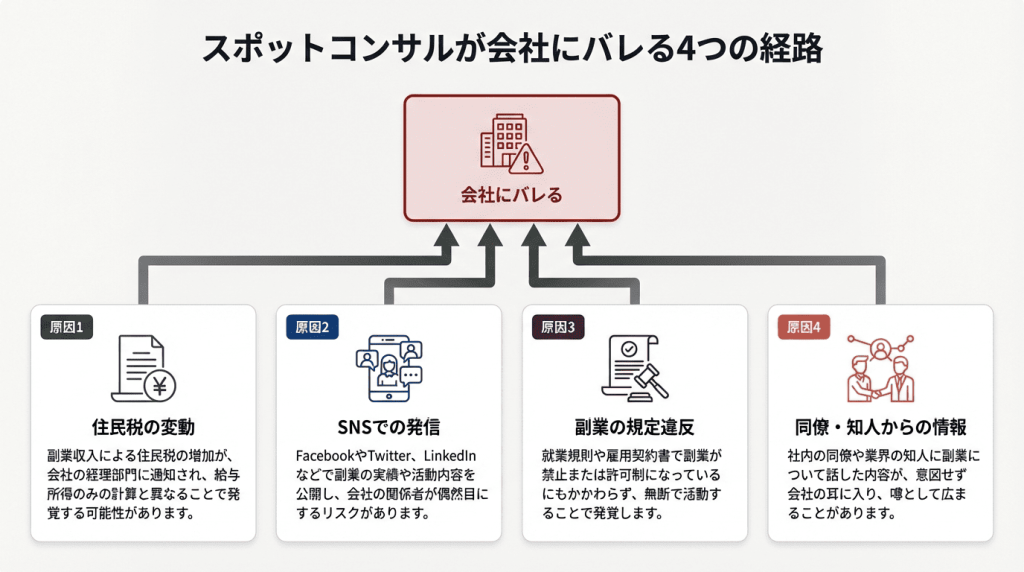 スポットコンサルの副業が会社にバレる4つの経路を住民税の変動・SNSでの発信・副業の規定違反・同僚や知人からの情報に分類して示した図解