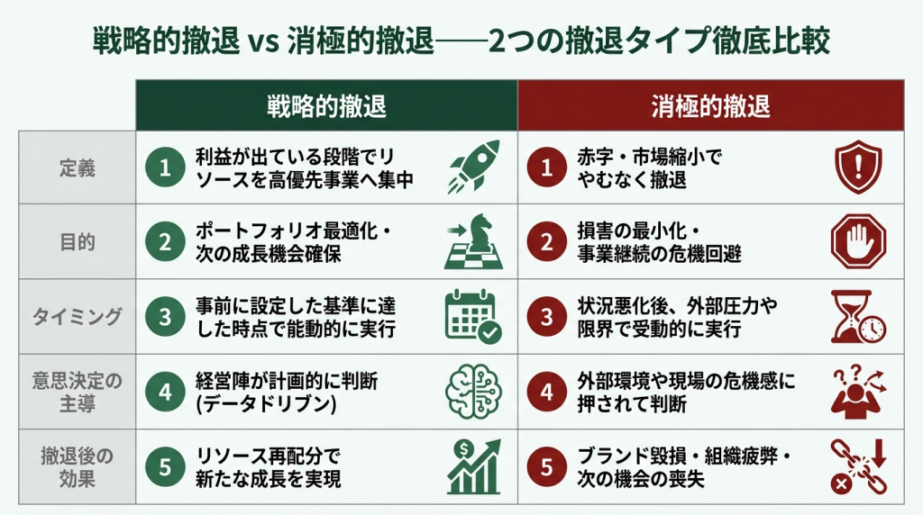 戦略的撤退と消極的撤退の違いを定義・目的・タイミング・意思決定の主導・撤退後の効果の5項目で比較した表。戦略的撤退はデータドリブンで次の成長につながり、消極的撤退は外部圧力による受動的判断でリスクが大きいことを示している。
