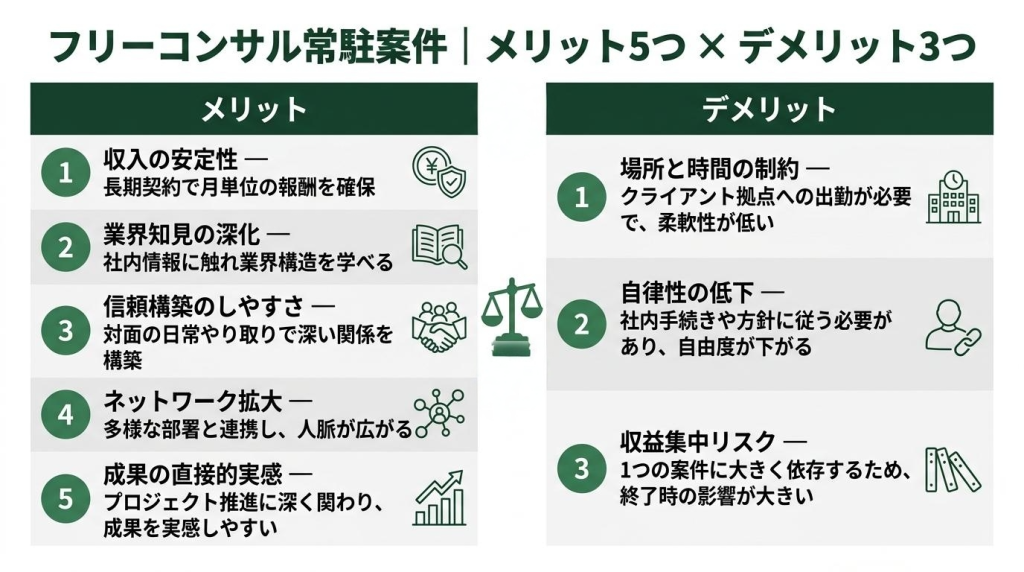 フリーコンサル常駐案件のメリット5つとデメリット3つを比較した図解。メリットは収入の安定性・業界知見の深化・信頼構築のしやすさ・ネットワーク拡大・成果の直接的実感。デメリットは場所と時間の制約・自律性の低下・収益集中リスク