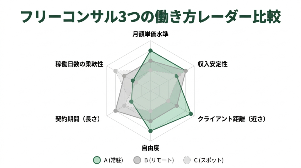 フリーコンサルの常駐・リモート・スポット3つの働き方を月額単価水準・収入安定性・クライアント距離・自由度・契約期間・稼働日数の柔軟性の6軸で比較したレーダーチャート。常駐は単価・安定性・クライアント距離で最高評価、リモートとスポットは自由度と柔軟性で優位