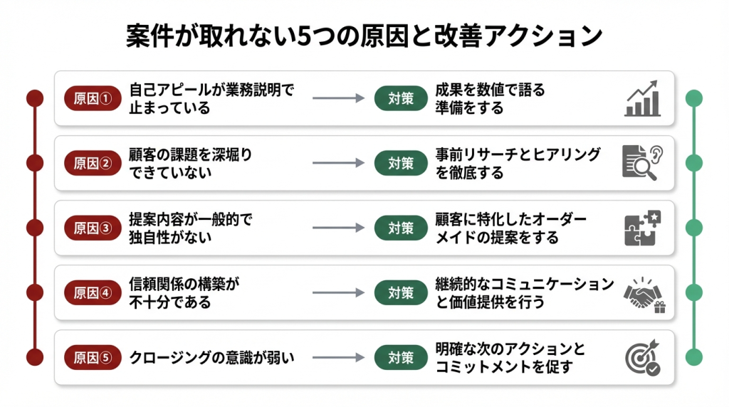 フリーコンサルが案件を取れない5つの原因と改善アクションを対比したフロー図。自己アピール不足・顧客課題の深掘り不足・提案の独自性欠如・信頼構築不足・クロージング意識の弱さを原因として挙げ、それぞれの具体的な対策を矢印で示している