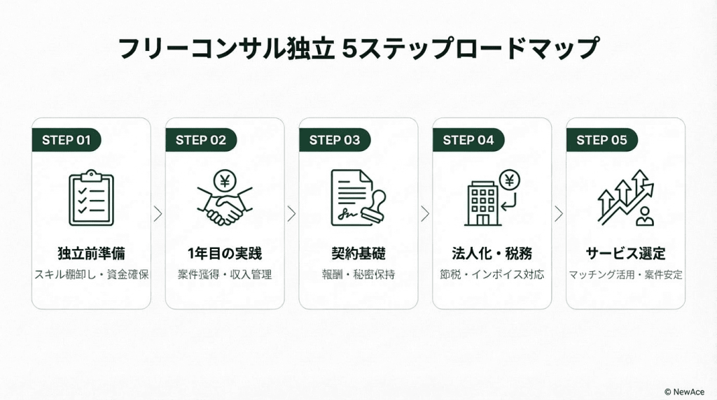 フリーコンサル独立の5ステップロードマップ｜STEP1 独立前準備（スキル棚卸し・資金確保）→ STEP2 1年目の実践（案件獲得・収入管理）→ STEP3 契約基礎（報酬・秘密保持）→ STEP4 法人化・税務（節税・インボイス対応）→ STEP5 サービス選定（マッチング活用・案件安定）のフロー図（NewAce作成）