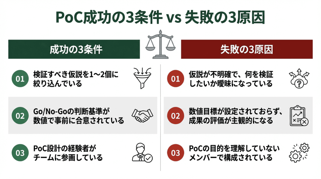 PoC成功の3条件と失敗の3原因を左右対比で示した図解。成功条件は①仮説を1〜2個に絞る②Go/No-Go基準を数値で事前合意③PoC設計経験者がチームに参画。失敗原因は①仮説が不明確②数値目標未設定で評価が主観的③目的を理解しないメンバー構成。