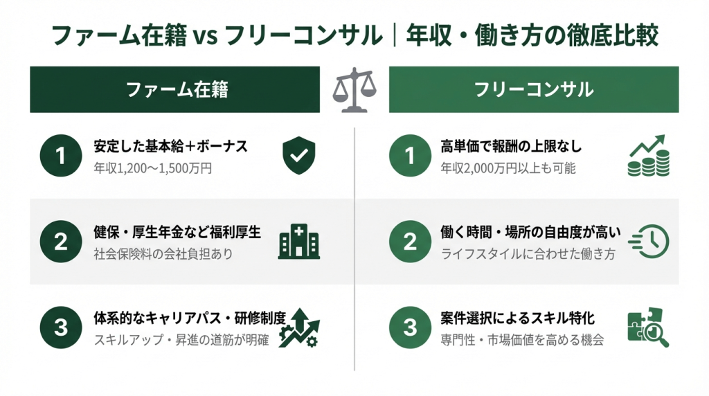 ファーム在籍とフリーコンサルの年収・働き方を比較した図解。ファーム在籍は年収1,200〜1,500万円で安定した福利厚生、フリーコンサルは月額150〜200万円で年収1,800〜2,400万円と案件選択の裁量が強み。NewAce実績データに基づく。