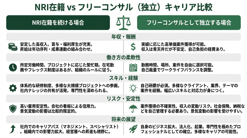 NRI在籍とフリーコンサル独立のキャリアを5項目で比較した図。年収レンジ（NRI：1,400万〜1,700万円 vs フリーコンサル：1,440万〜3,600万円）、到達時期、安定性、裁量、報酬連動性を左右2列で対比。NewAce登録者の実績データに基づく。