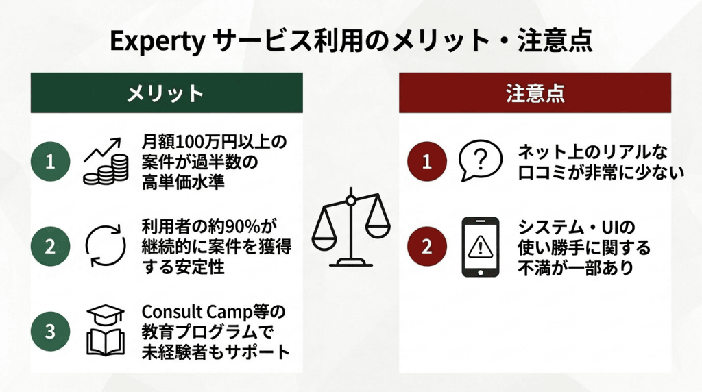 Expertyのサービス利用におけるメリット3点と注意点2点を高単価案件・継続案件獲得率・教育プログラムと口コミの少なさ・UI面の不満に分けて比較した図解