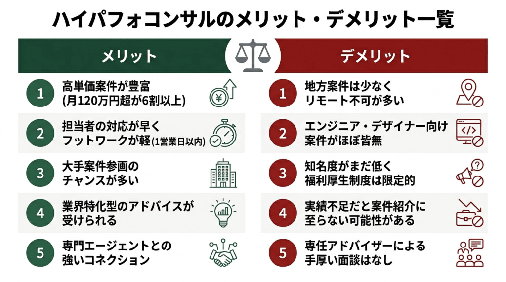 ハイパフォコンサルとNewAceの5軸レーダーチャート比較。案件量・単価水準・新規事業案件・サポート体制・支払い速度の評価スコアを可視化し、各エージェントの強みと弱みを一目で把握できる図解