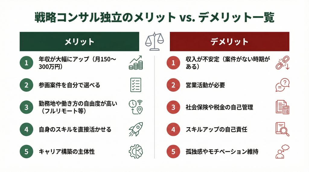 戦略コンサル独立のメリットとデメリット比較図。メリットは年収アップ(月150〜300万円)・案件選択の自由・働き方の自由度・スキル直接活用・キャリア主体性の5つ。デメリットは収入不安定・営業負荷・社会保険や税金の自己管理・スキルアップの自己責任・孤独感の5つを天秤アイコン付きで対比