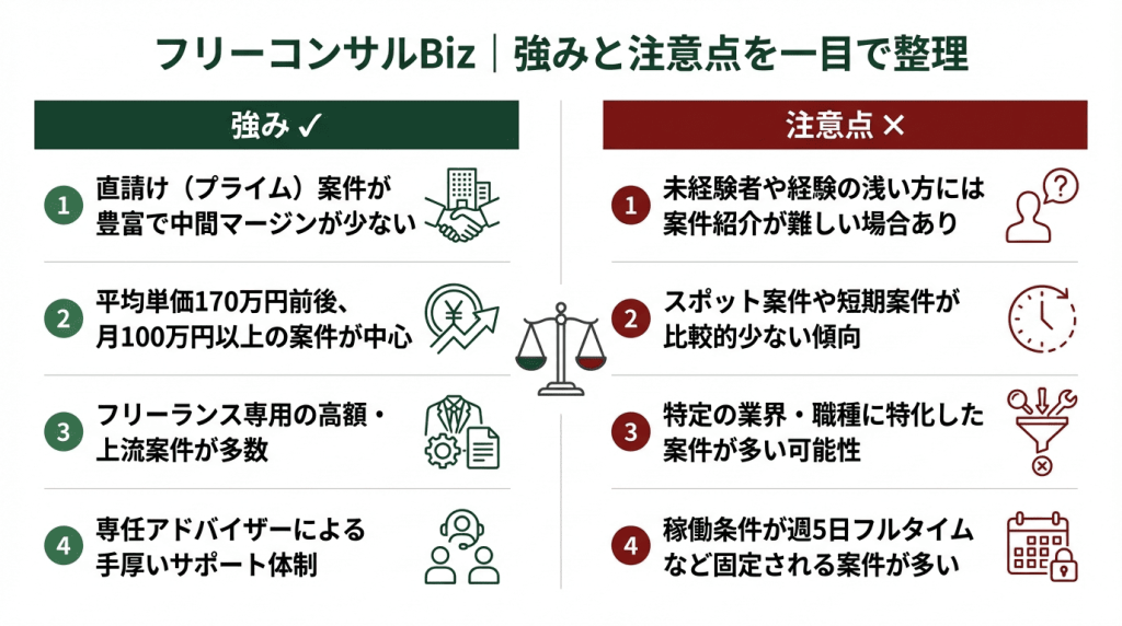 フリーコンサルBizの評判まとめ｜直請け案件の豊富さや平均単価170万円前後など強み4つと、未経験者への案件紹介の難しさやスポット案件の少なさなど注意点4つを比較した図解