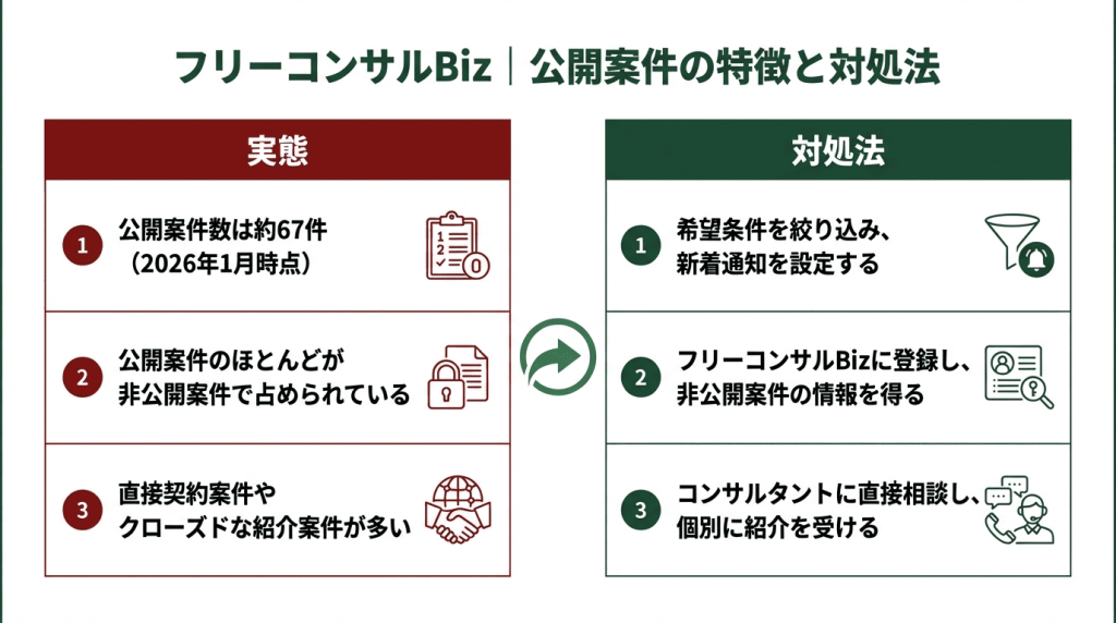 フリーコンサルBizの公開案件の特徴と対処法｜公開案件数約67件・非公開案件中心・クローズド紹介という実態3つと、条件絞り込み・登録して非公開案件取得・個別相談という対処法3つを比較した図解