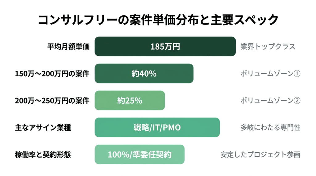 コンサルフリーの案件単価分布と主要スペックを示す横棒グラフ。平均月額単価185万円、150万〜200万円の案件が約40%、200万〜250万円が約25%、主なアサイン業種は戦略・IT・PMO、稼働率100%の準委任契約が中心。