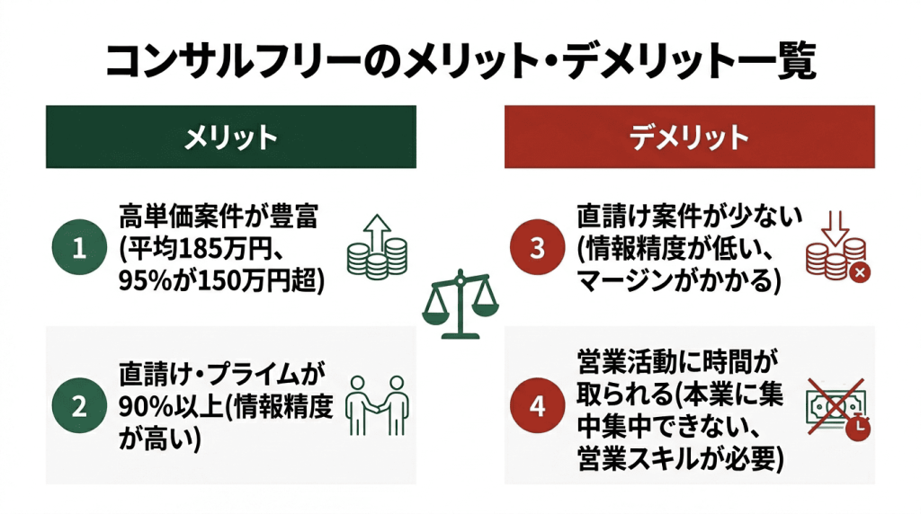 コンサルフリーのメリット・デメリット一覧を比較した図解。メリットは高単価案件が豊富（平均185万円、95%が150万円超）と直請け・プライムが90%以上で情報精度が高い点。デメリットは直請け案件が少ない場合の情報精度低下・マージン負担と、営業活動に時間を取られ本業に集中しにくい点