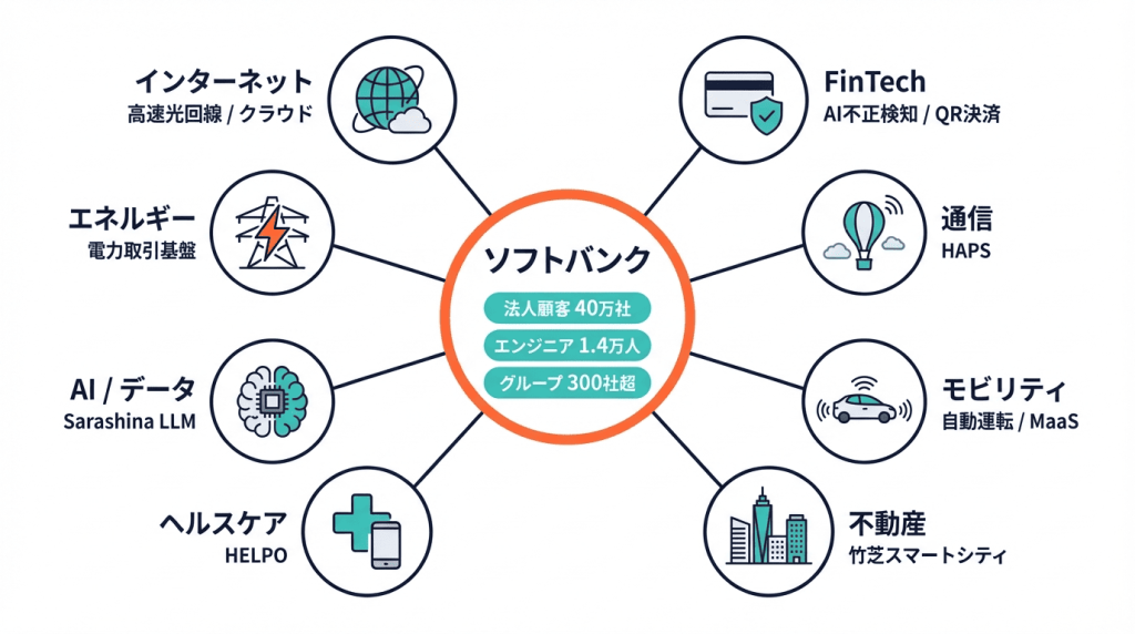 ソフトバンクの新規事業領域を示す全体マップ。中央にソフトバンク（法人顧客40万社・エンジニア1.4万人・グループ300社超）を配置し、周囲にインターネット・FinTech・通信HAPS・モビリティ・不動産・ヘルスケア・AI/データ・エネルギーの8分野を展開