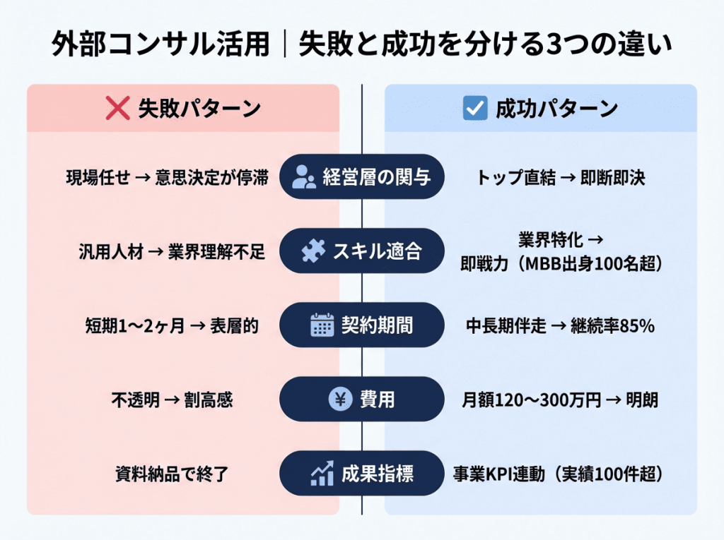 外部コンサル活用の失敗パターンと成功パターンを5軸で比較した図。経営層の関与・スキル適合・契約期間・費用・成果指標の各項目で、失敗例と成功例を対比して整理