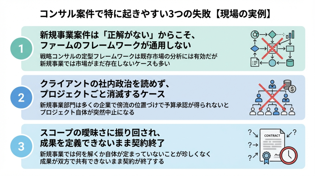 新規事業コンサル案件で特に起きやすい3つの失敗【現場の実例】