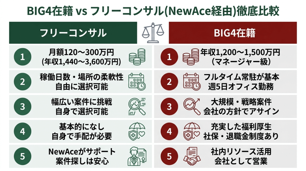 BIG4在籍とフリーコンサル(NewAce経由)を5項目で比較した図。年収・働き方の柔軟性・報酬の透明性・案件選択の自由度・収入の安定性について左右対比で示している。
