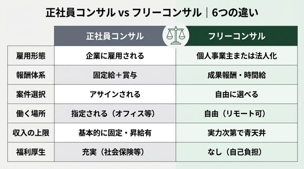 フリーコンサルの働き方とは？正社員コンサルとの違いを一目で理解