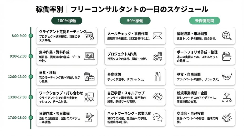 【稼働率別】フリーコンサルタントの一日の流れ
