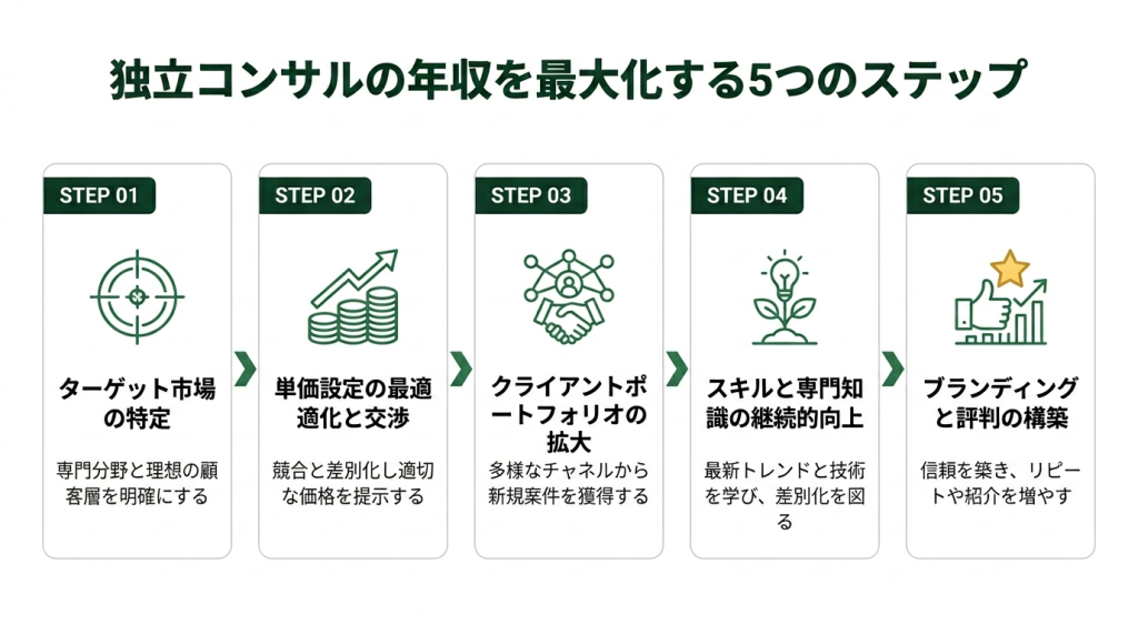 独立コンサルの年収を最大化する5つのステップを示すフロー図。ターゲット市場の特定、単価設定の最適化と交渉、クライアントポートフォリオの拡大、スキルと専門知識の継続的向上、ブランディングと評判の構築を順に解説