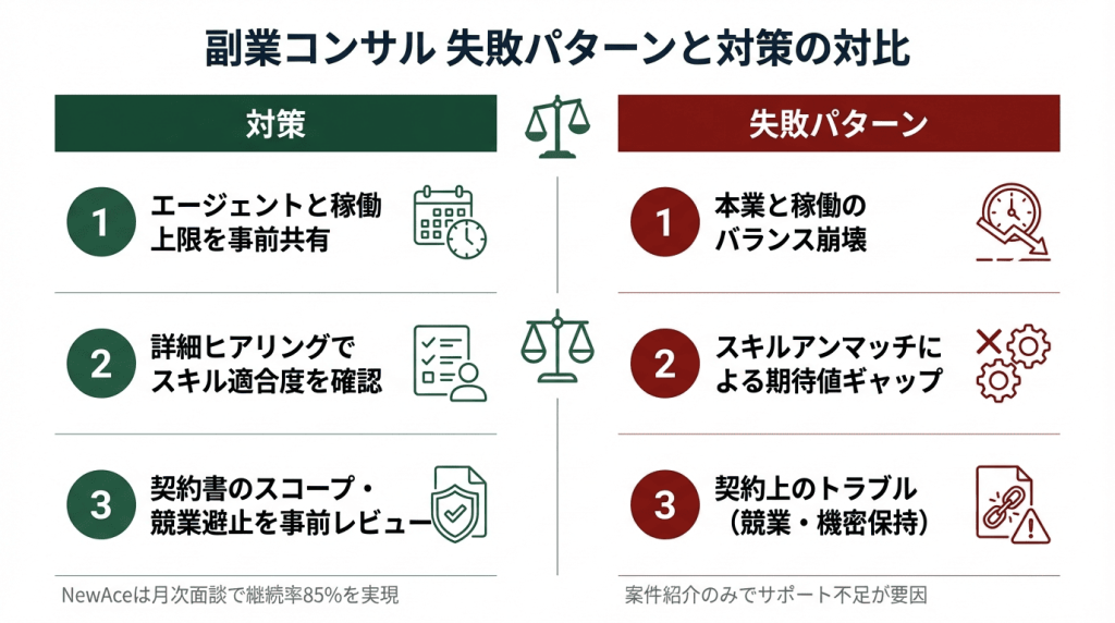 副業コンサルの失敗パターン3つ（稼働バランス崩壊・スキルアンマッチ・契約トラブル）と対策（稼働上限の事前共有・詳細ヒアリング・契約書の事前レビュー）を対比した図解