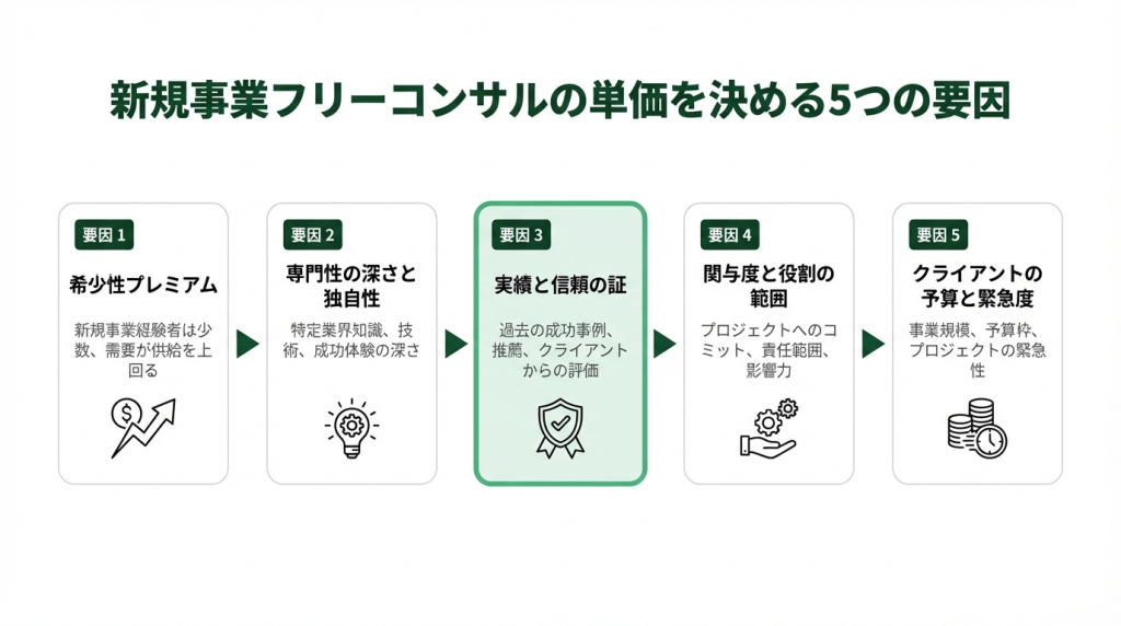 新規事業フリーコンサルの単価を決める5つの要因（希少性プレミアム・稼働率×スコープ・出身ファームは影響しない・エージェントマージン・事業会社出身は実務力評価）を5ステップのフロー図で図解。