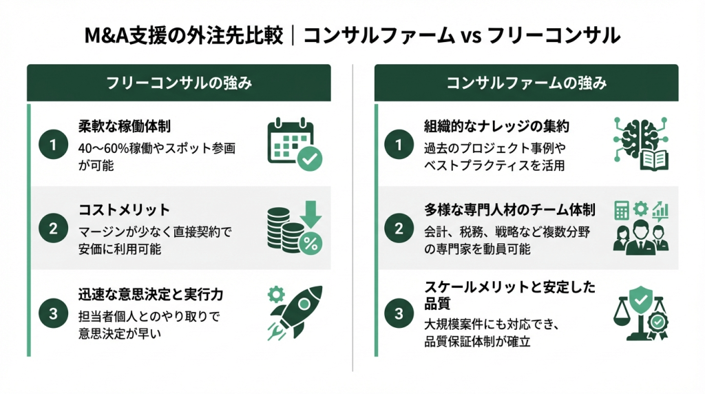 M&A支援の外注先としてコンサルファームとフリーコンサルの強みを3項目ずつ比較した図