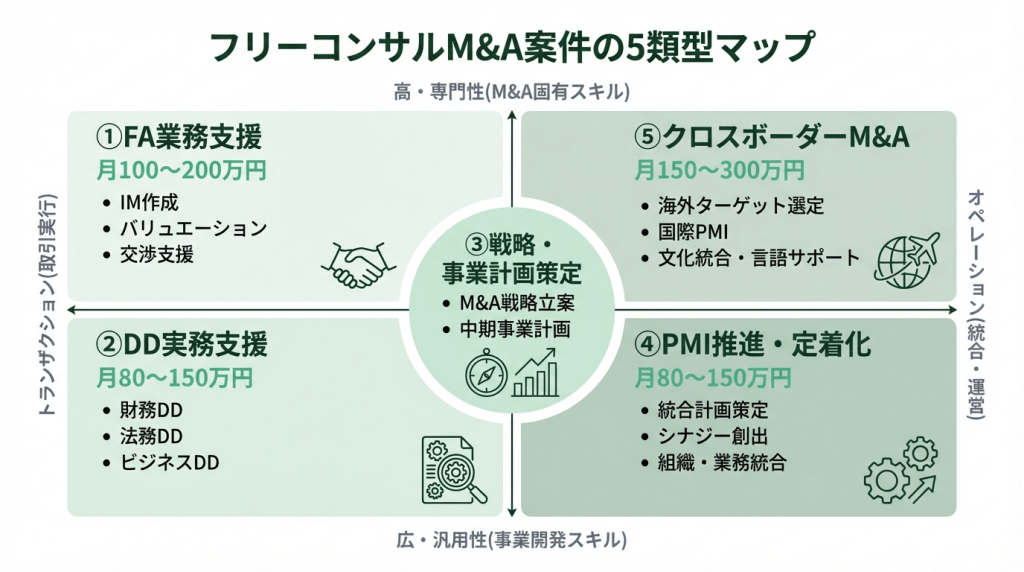 フリーコンサルM&A案件の5類型をトランザクション・オペレーション軸と専門性・汎用性軸で分類したマトリクス図