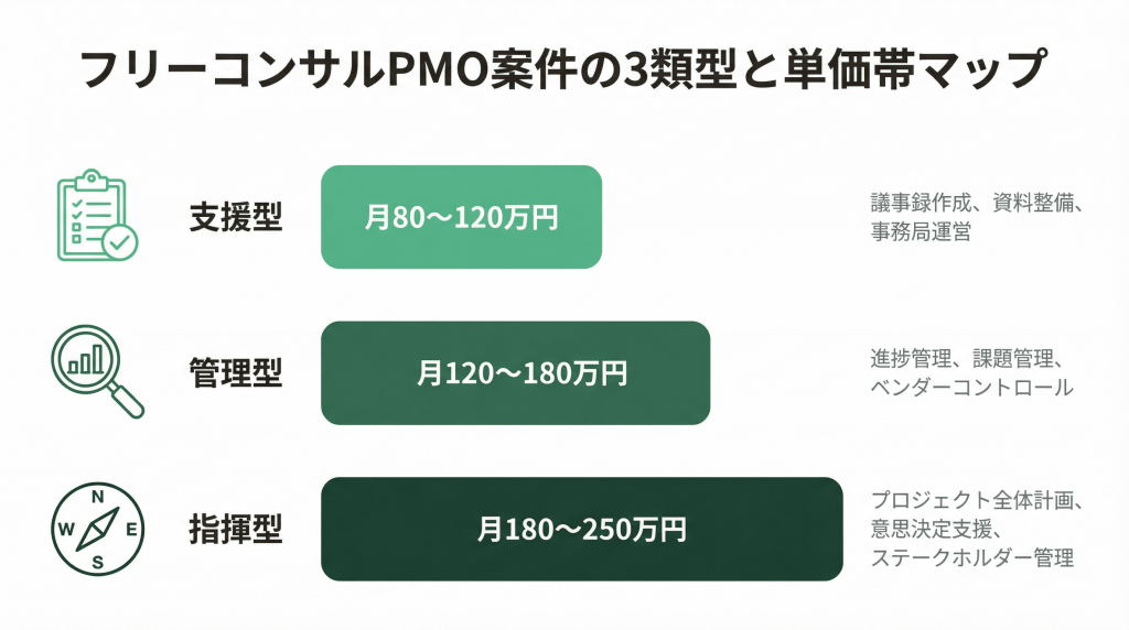 フリーコンサルPMO案件の3類型（支援型・管理型・指揮型）と月額単価帯を比較した横棒グラフ