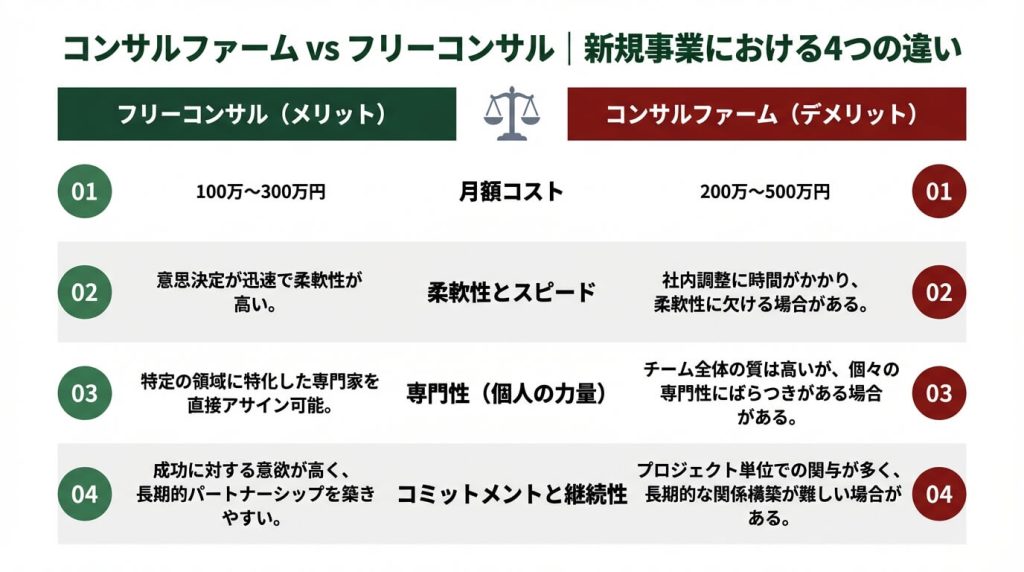 コンサルファームとフリーコンサルを月額コスト・柔軟性・意思決定の速さ・実行関与の4項目で比較した図。フリーコンサルは100万〜300万円で週2〜5日調整可能、ハンズオンで伴走する点が優位