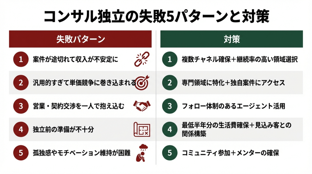 コンサル独立の失敗5パターンと対策の比較図。案件途切れ・単価競争・営業負荷・準備不足・看板依存の各失敗に対し、チャネル確保・専門特化・エージェント活用などの対策を対比表示。